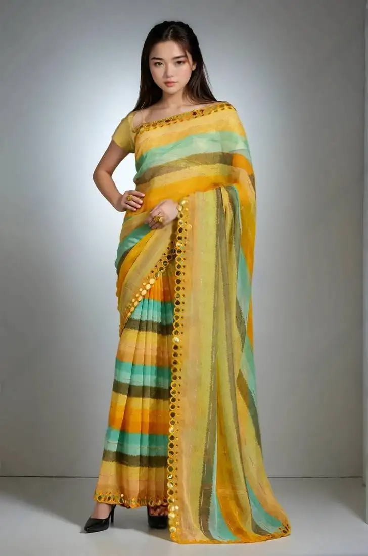 Yellow chiffon lariya printed with mirror cut work