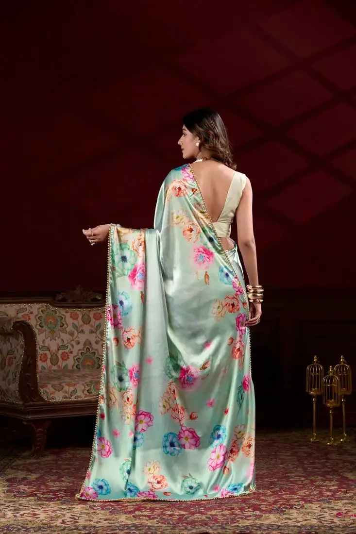 Sky blue floral printed satin silk blend party wear saree