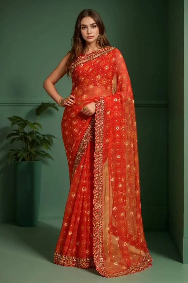 Red printed lace emroidered georgette saree
