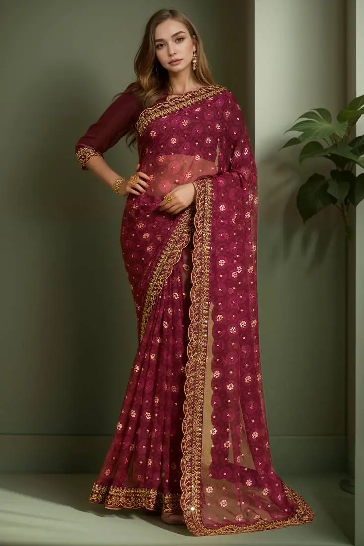 Wine printed lace emroidered georgette saree