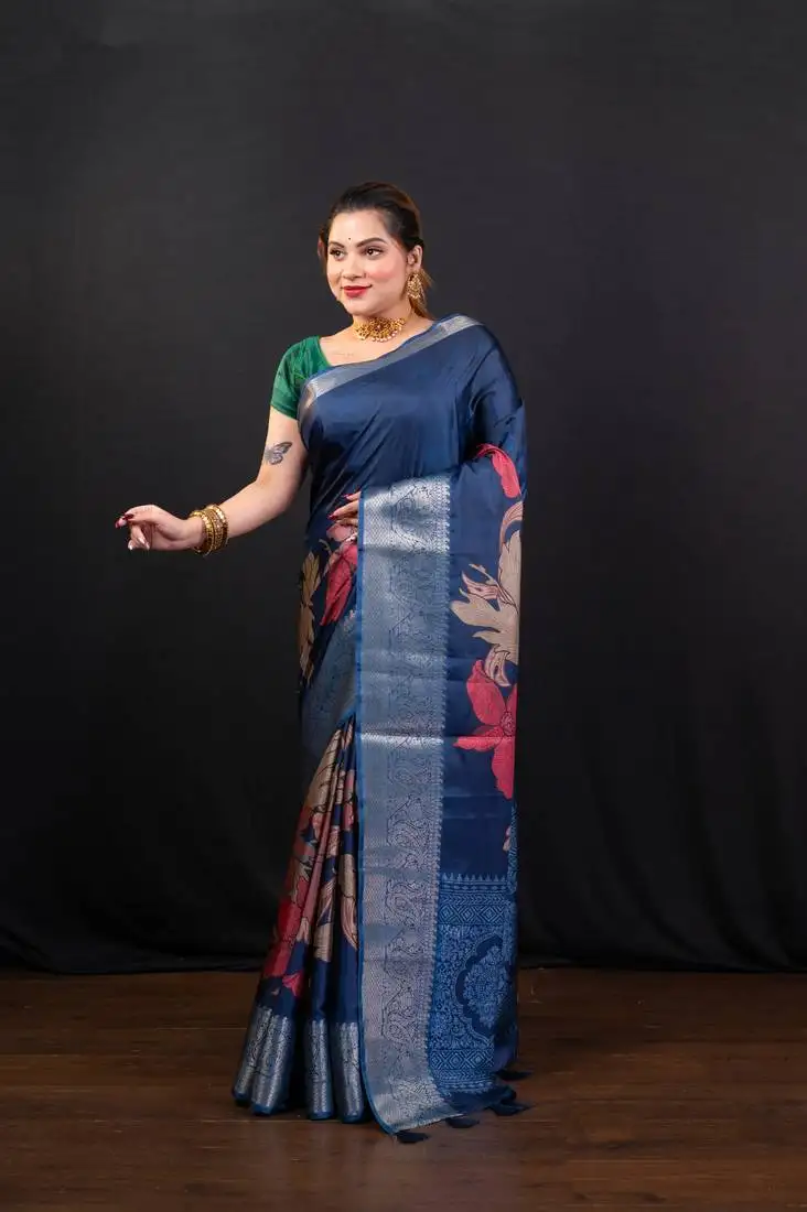 Blue floral printed soft gaji art silk saree with weaving jequarad border