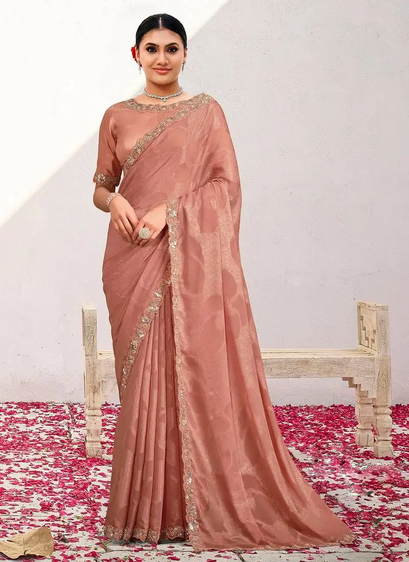 Peach jaquard georgette heavy embroidered wedding wear saree
