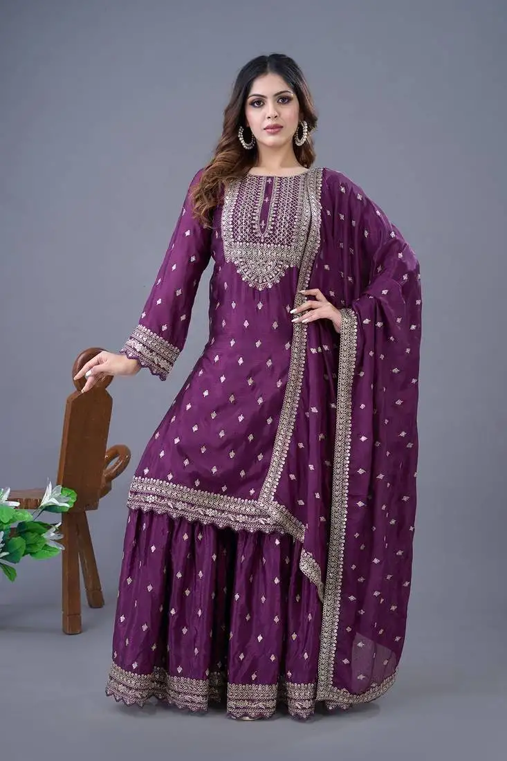 Wine sequins silk blend readymade suit stitched