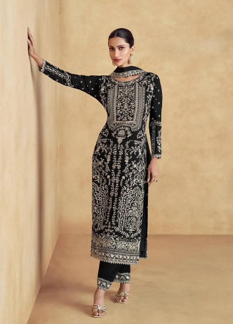 Black embroidered silk blend readymade suit stitched