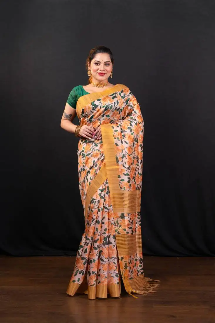 Yellow floral jaal printed soft tussar art silk saree