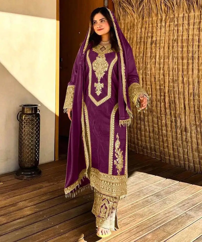 Wine embroidered silk blend readymade suit stitched