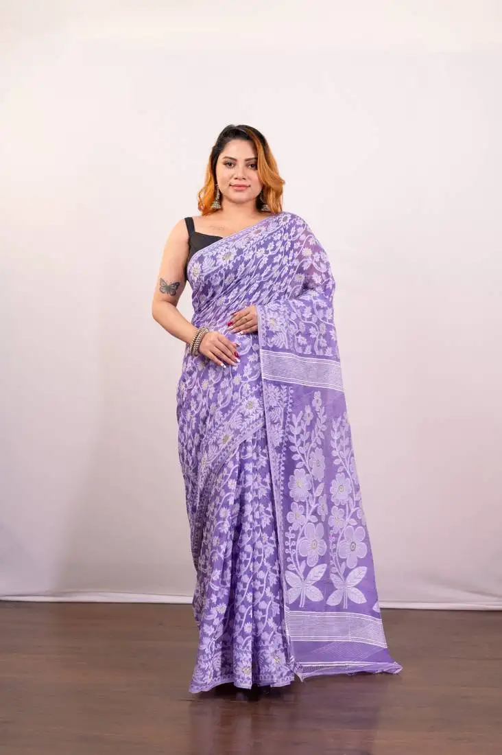 Purple cotton jamdani saree with offwhite floral woven motifs