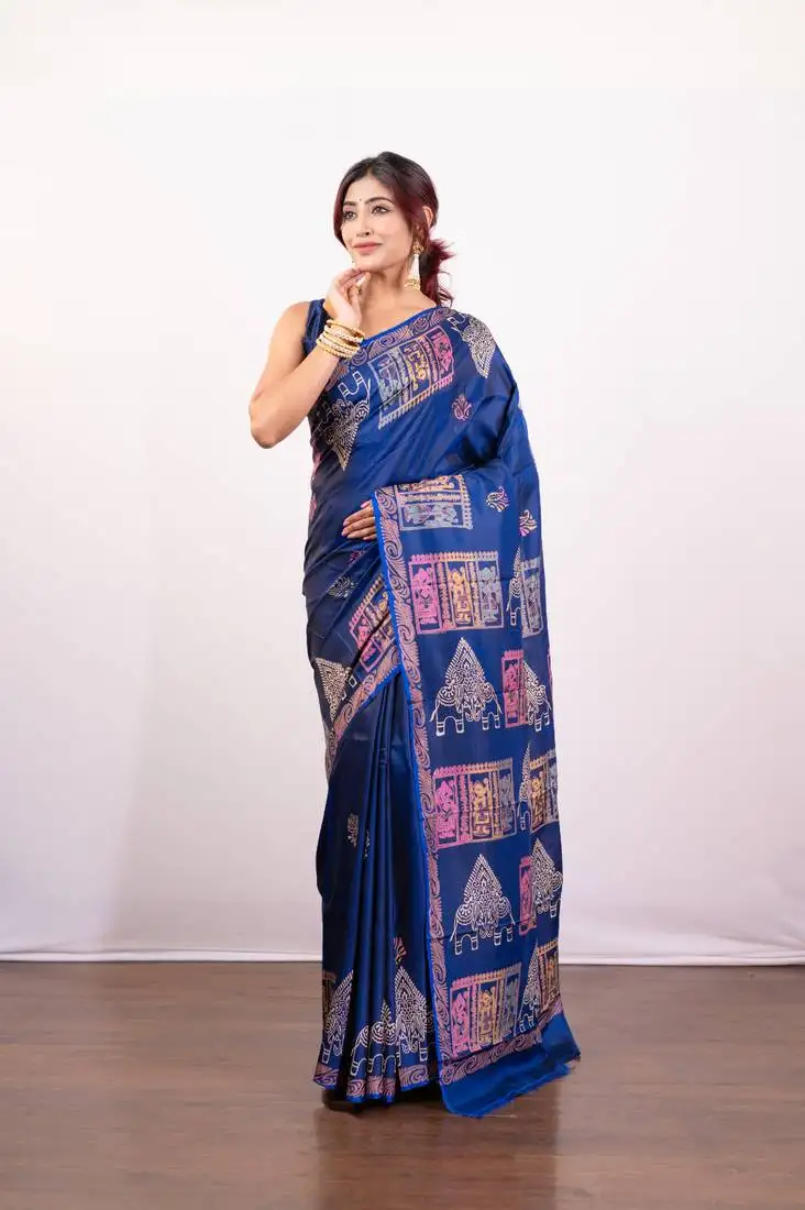 Ink blue handpainted pure bishnupur katan silk saree