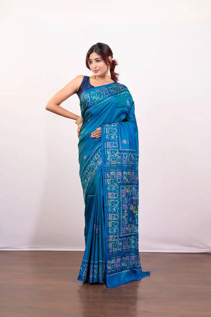 Teal blue handpainted pure bishnupur katan silk saree