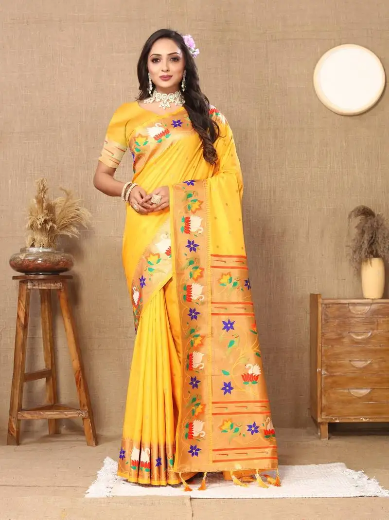 Yellow paithani silk blend saree with zari weaving meenakari border