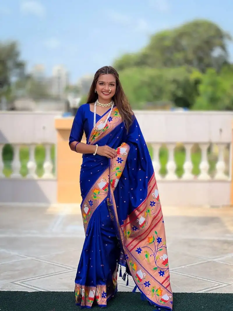Aqua blue paithani silk blend saree with zari weaving meenakari border