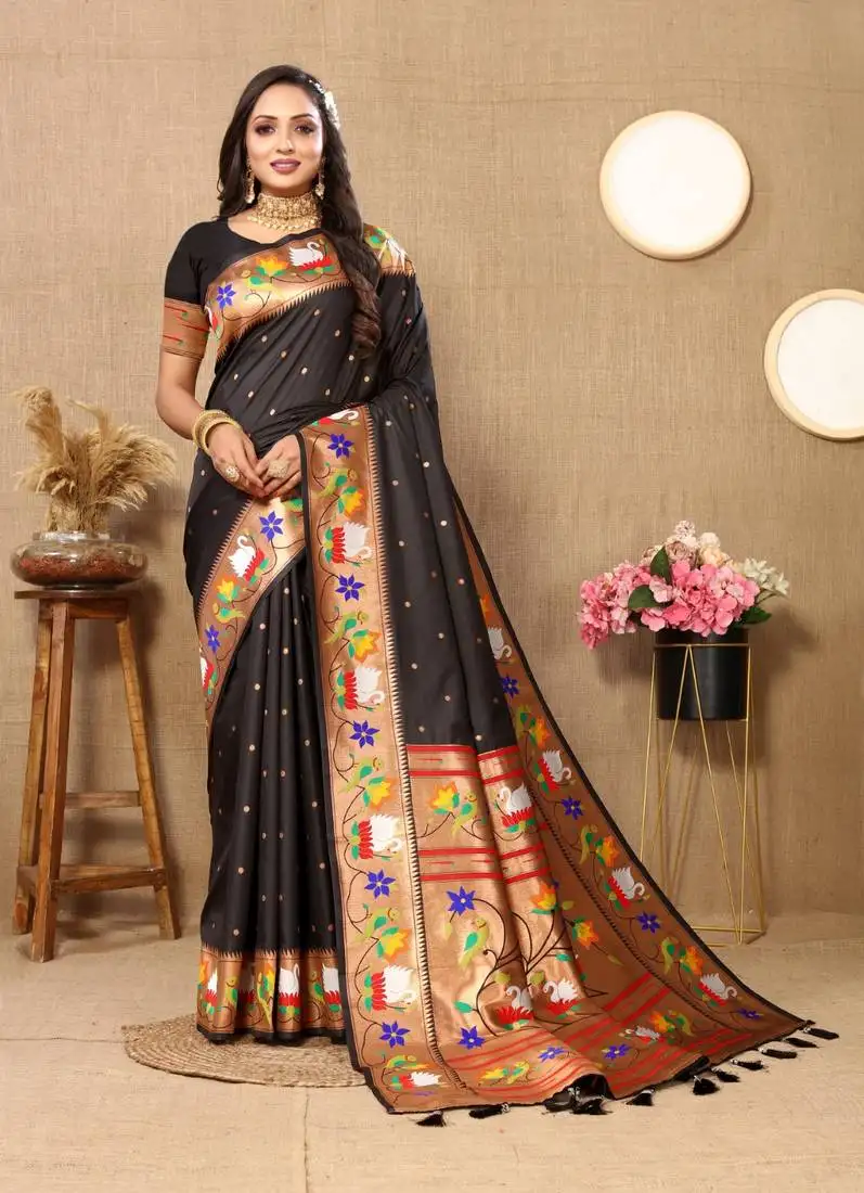 Black paithani silk blend saree with zari weaving meenakari border