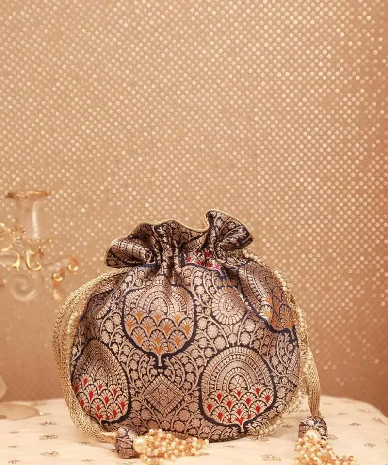 Kashi pure banarasi silk potli - navy