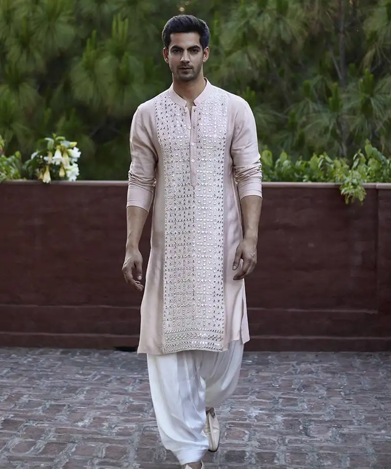 Fawn embroidered mirror work cotton silk sajid kurta (dusty peach)