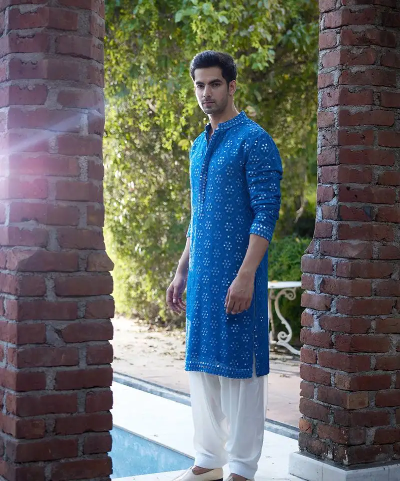 Blue embroidered mirror work georgette ranbir kurta
