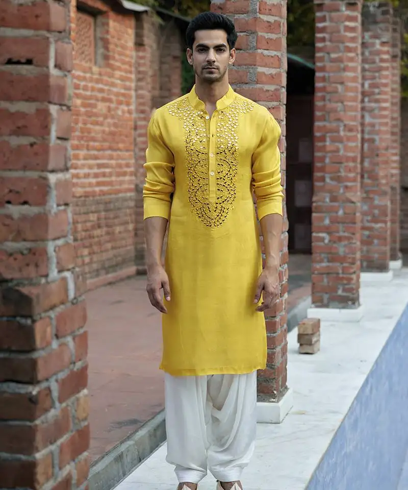 Yellow embroidered mirror work linen shehzad kurta