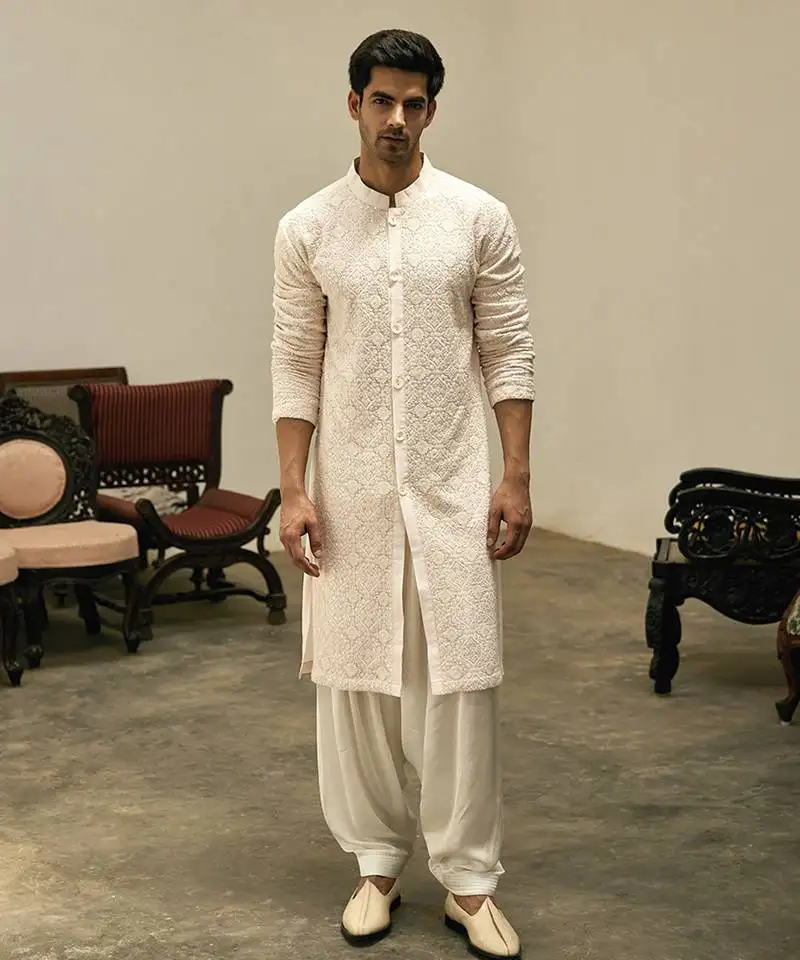 Pink embroidered mirror work georgette umair kurta (light pink)