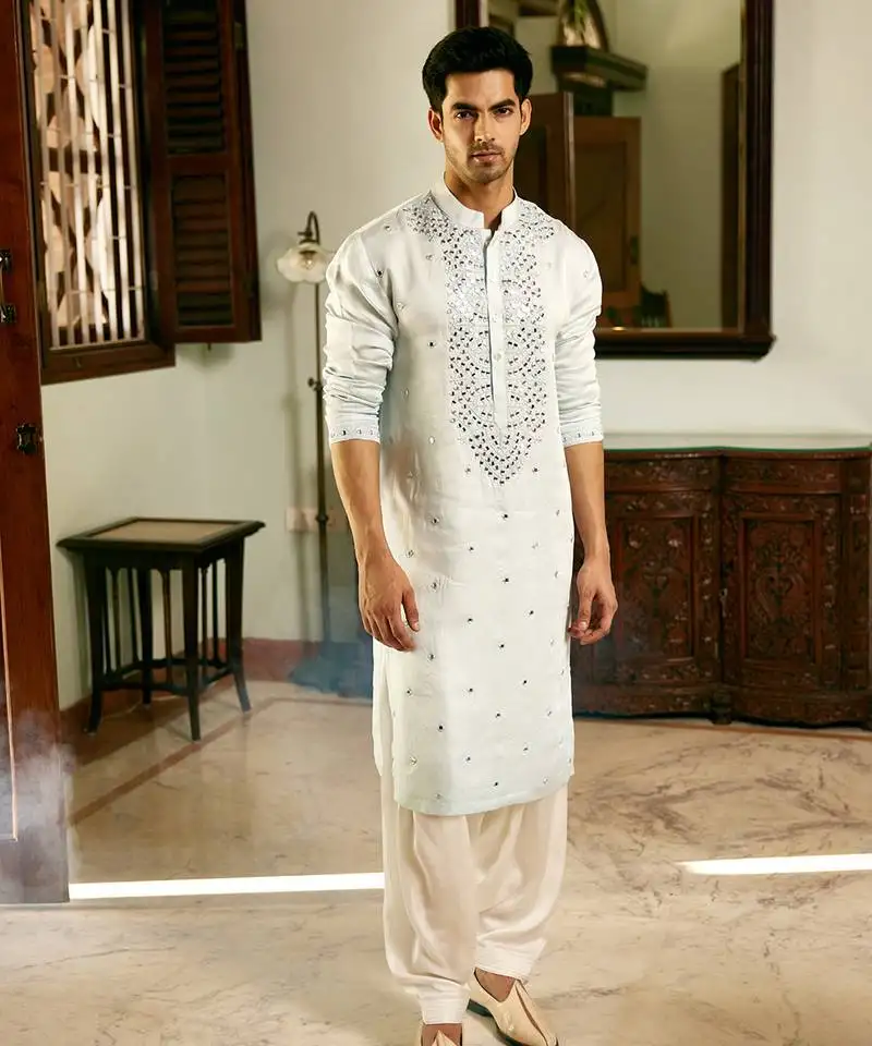 Blue embroidered mirror work pashimina silk mansoor kurta