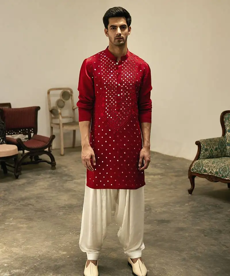 Red embroidered mirror work linen zaid kurta