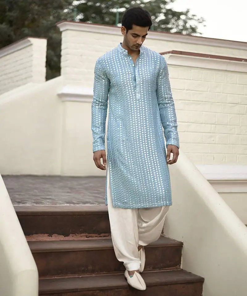 Blue embroidered mirror work georgette yasir kurta (sky blue)