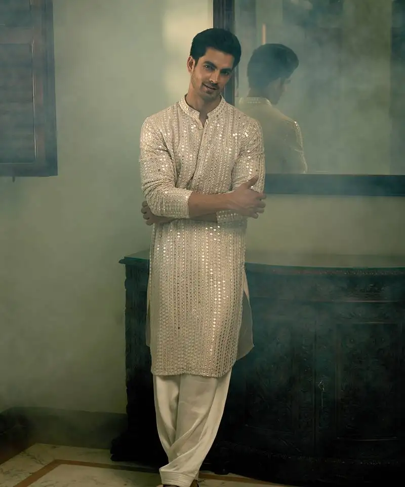 Beige embroidered mirror work georgette yasir kurta (soft beige)