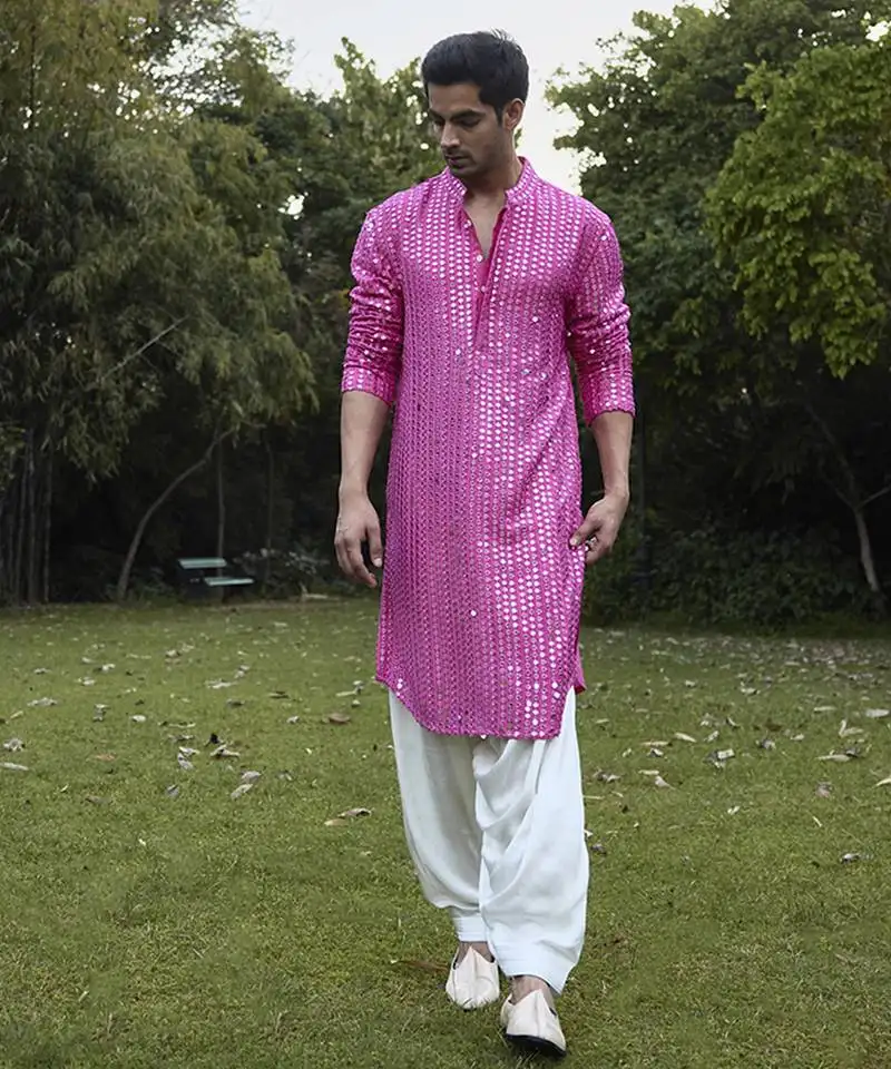 Pink embroidered mirror work georgette yasir kurta (rani pink)