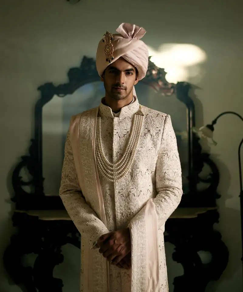 White embroidered mirror work cotton silk umrah sherwani set