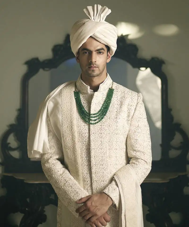 White embroidered mirror work georgette umerkot sherwani set