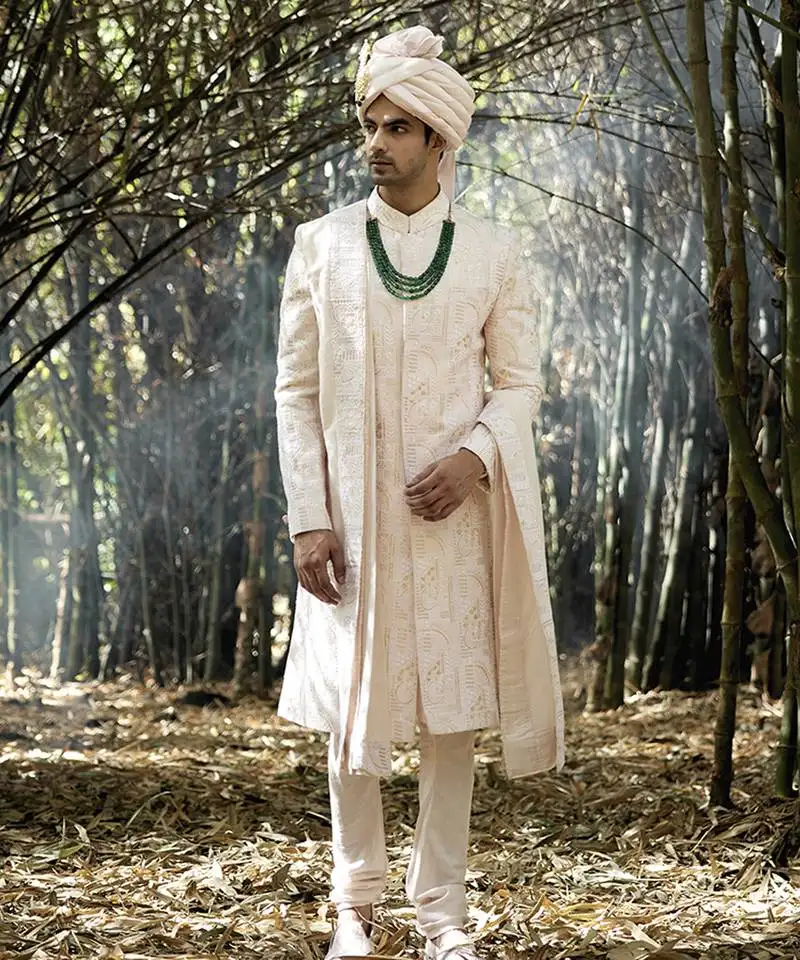 Pink embroidered mirror work cotton silk zahid sherwani (powder pink)