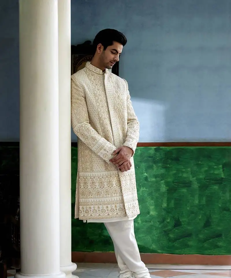White embroidered mirror work cotton silk sadiqabad sherwani set