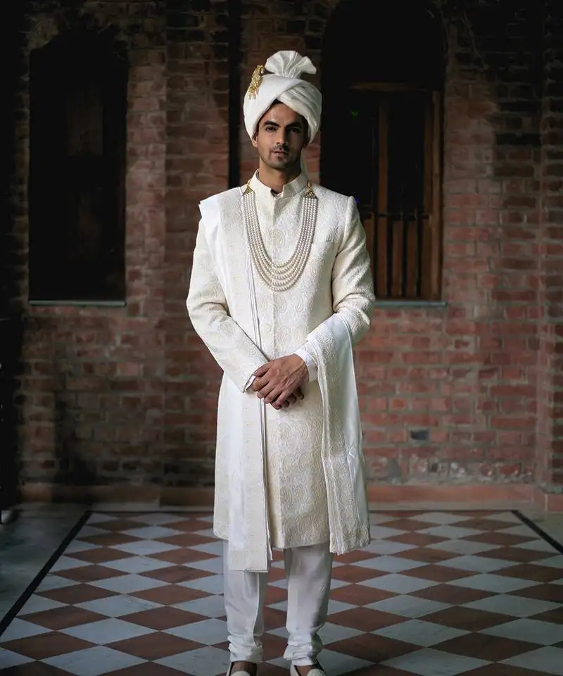White embroidered mirror work cotton silk turbat sherwani (ivory)