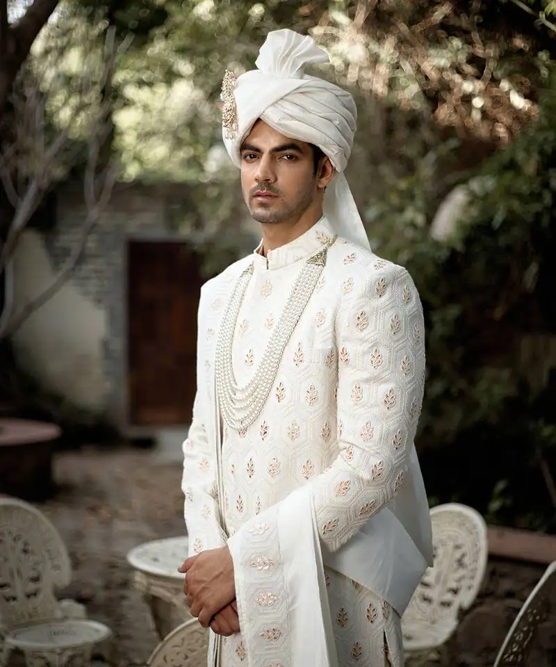 White embroidered mirror work cotton silk fahad sherwani (ivory)