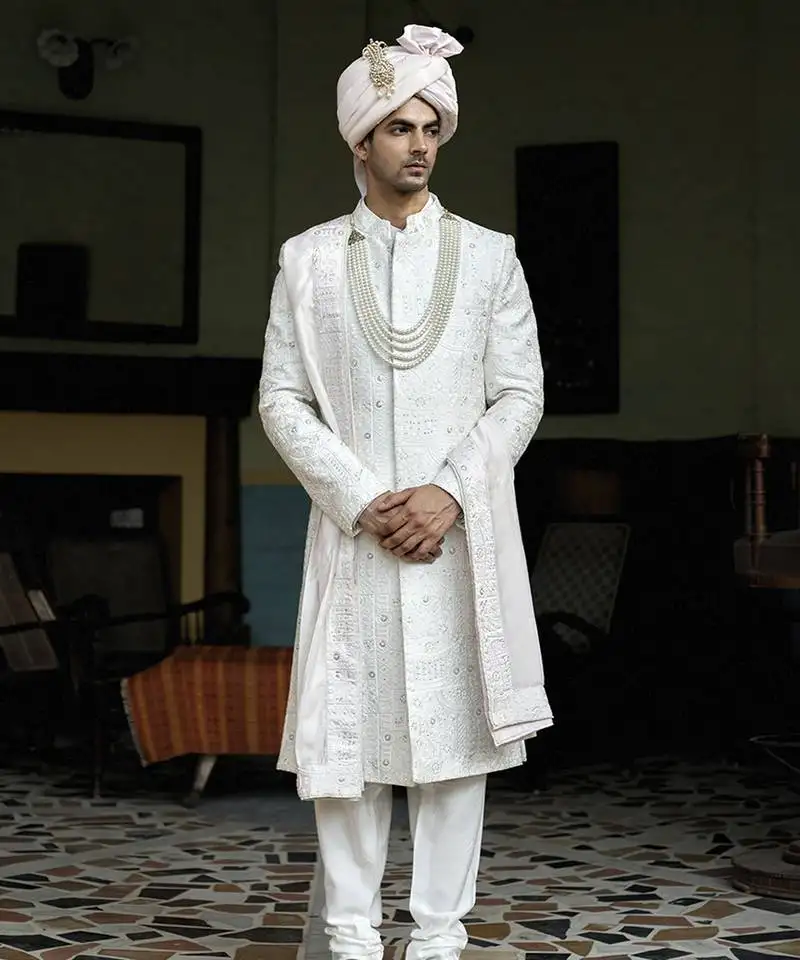 White embroidered mirror work cotton silk hasan sherwani set