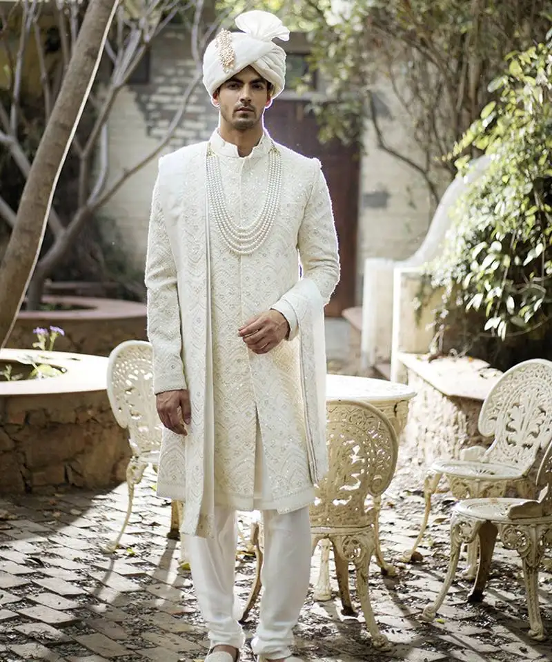 White embroidered mirror work cotton silk feroz sherwani set