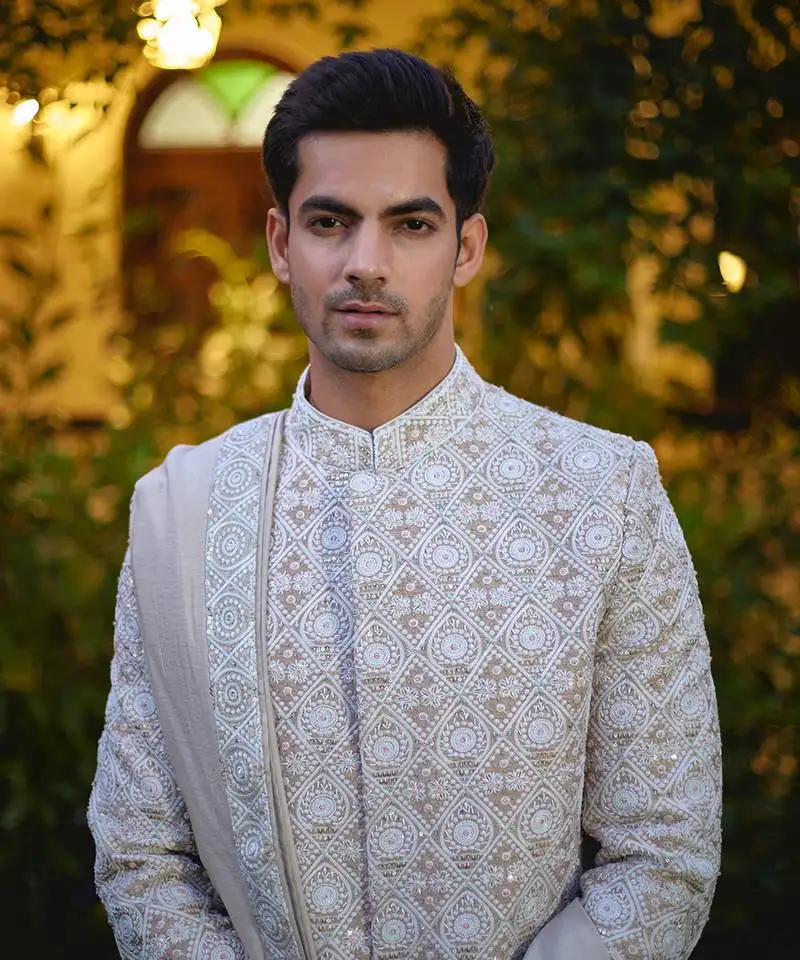 Beige embroidered mirror work cotton silk imran sherwani set