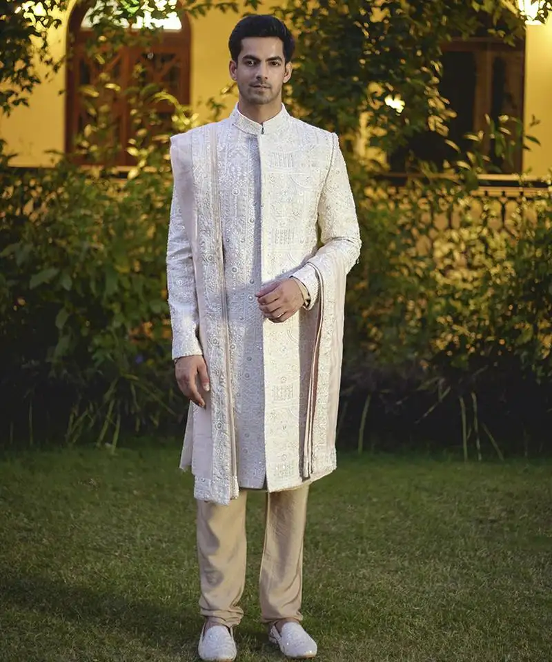 Beige embroidered mirror work cotton silk umair sherwani set