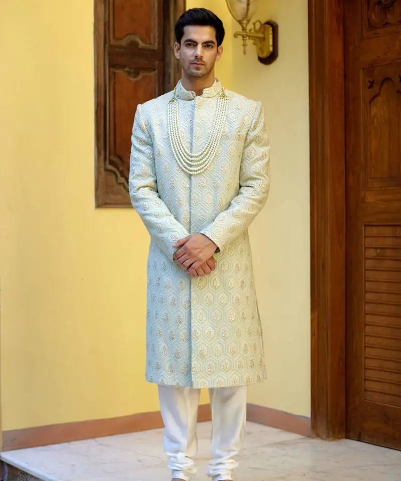 Green embroidered mirror work cotton silk fahad sherwani (mint green)