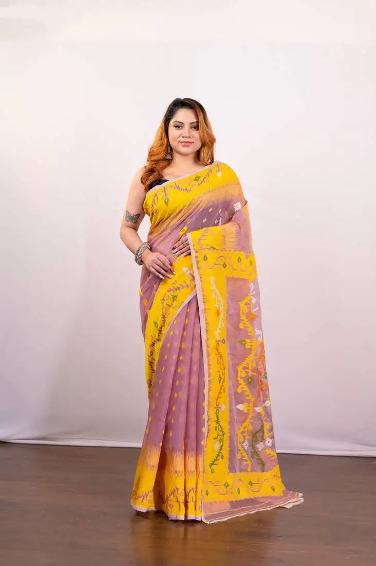 Peach and yellow cotton jamdani saree with multi woven motifs