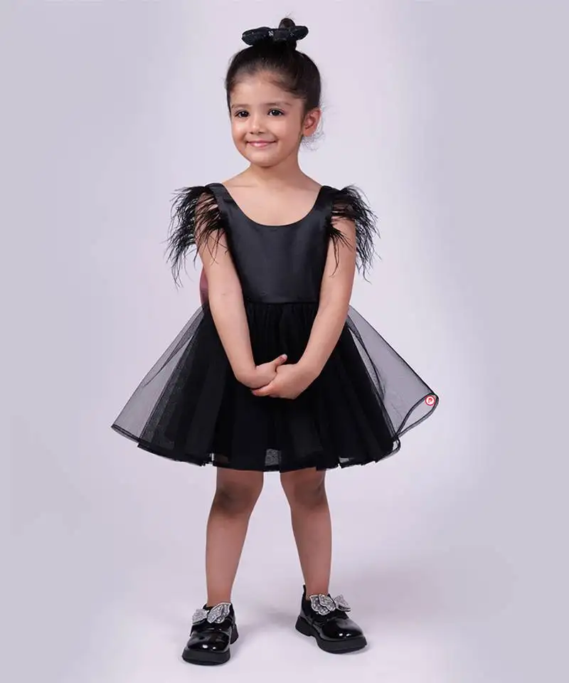 Black plain satin personalised feather dress