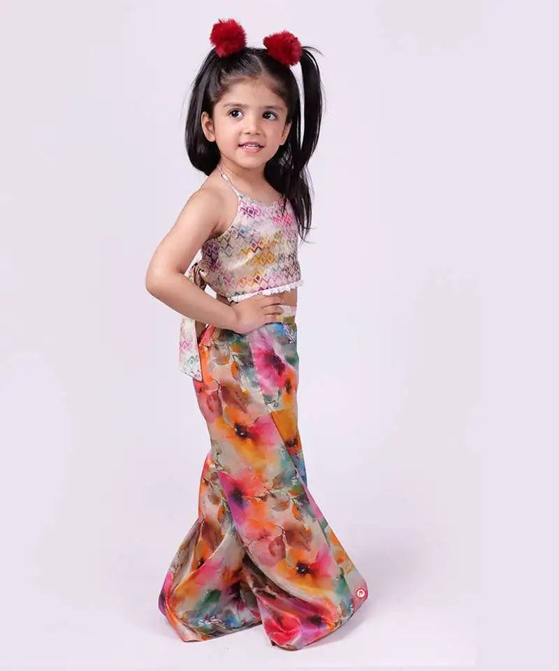 Multicolor printed tussar silk multi color back tie designer coord set