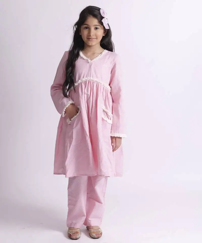 Pink embroidered cotton baby pink suit with pockets