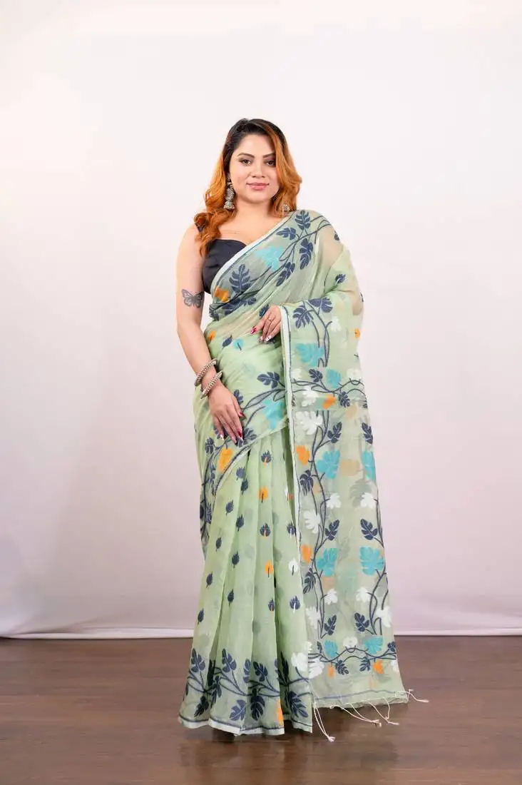 Mint green cotton jamdani saree with multi leaf motifs