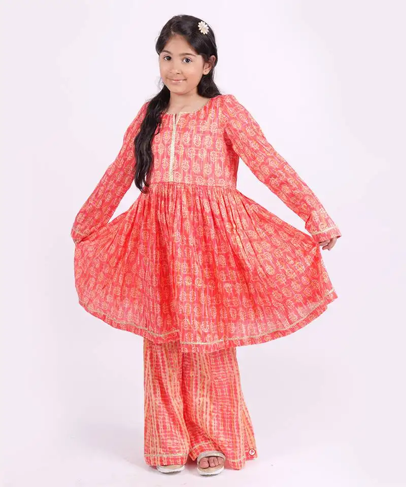 Pink printed cotton silk neon orange pink sharara set