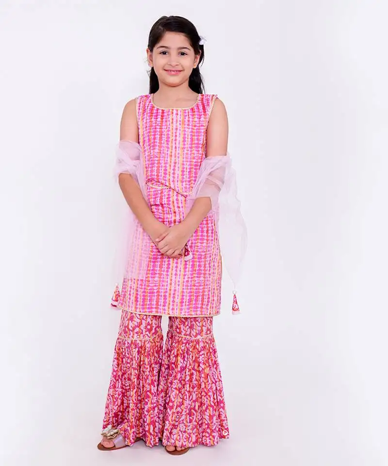 Pink printed cotton pink gotta sharara set with dupatta