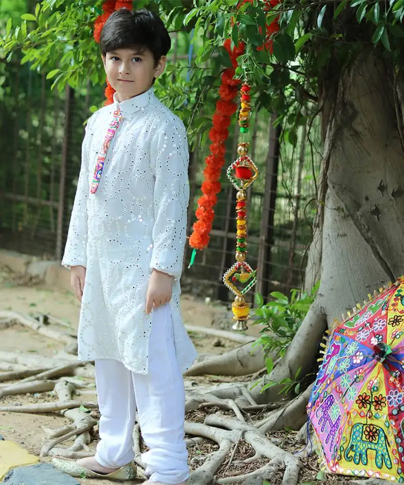 White embroidered georgette white faux mirror boys kurta
