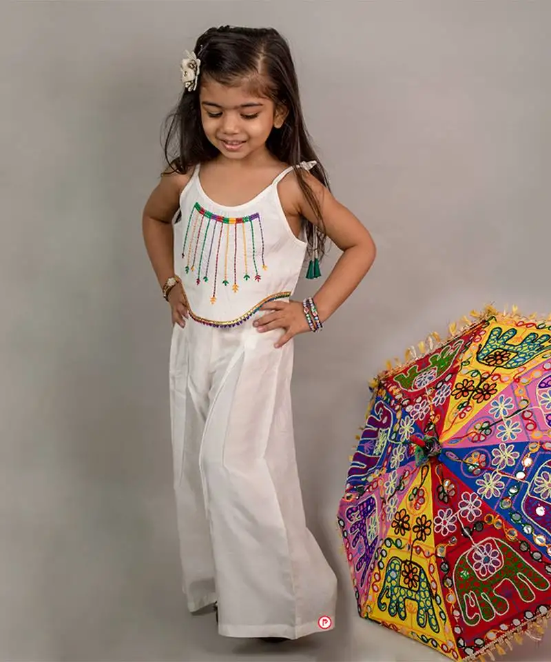 White plain cotton white coord set with multicolor thread work