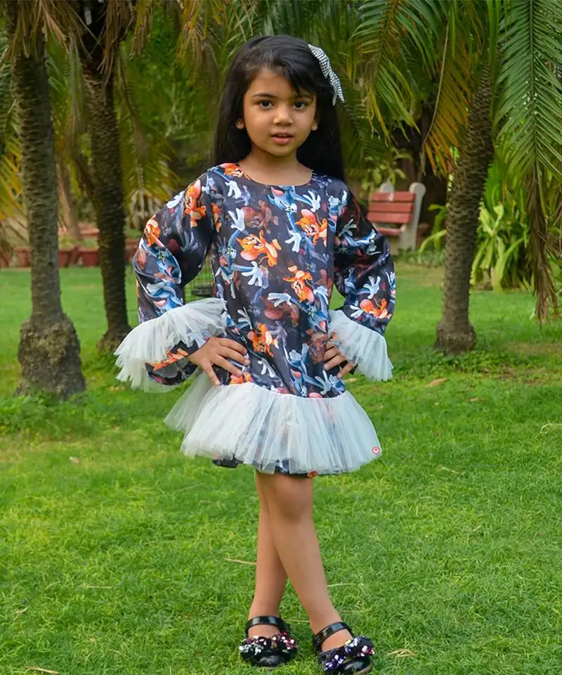 Grey printed satin tom and jerry satin dress