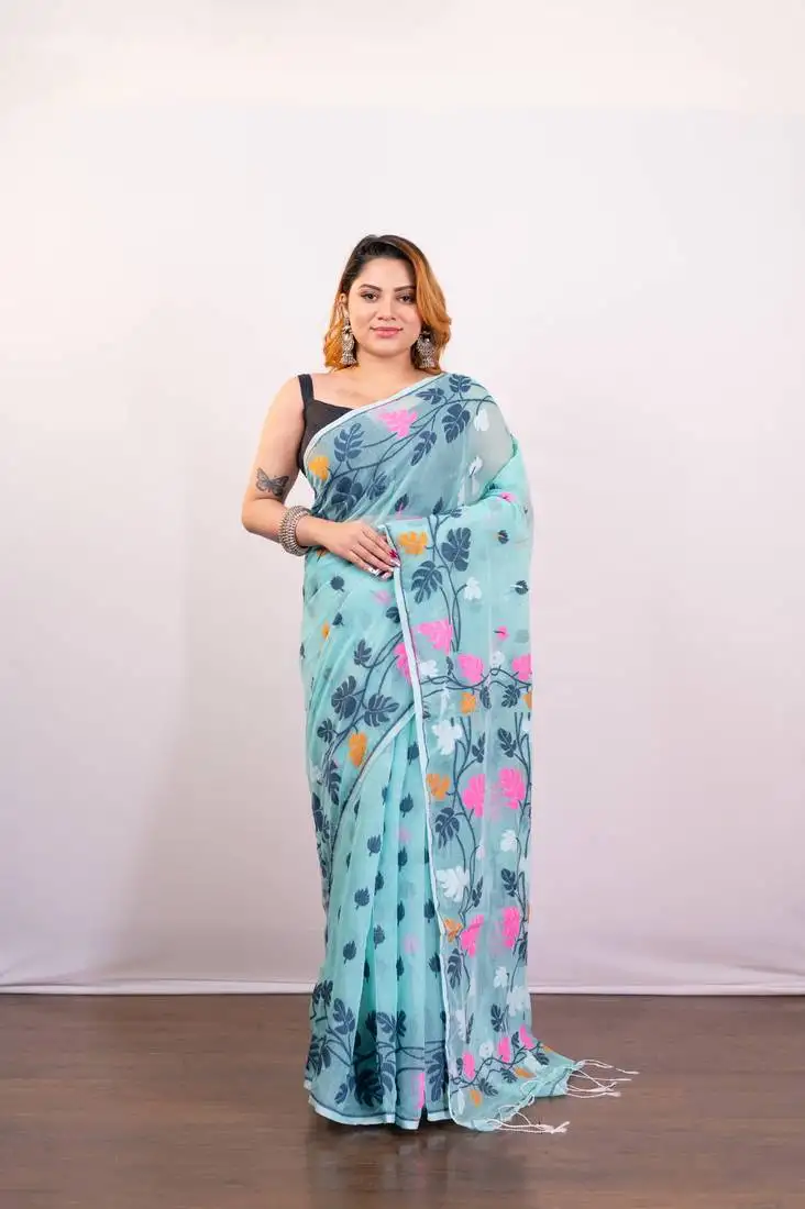 Maya blue cotton jamdani saree with multi woven leaf motifs