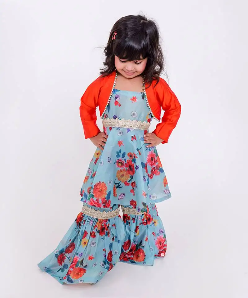 Green printed cotton silk floral suit with adjustable straps and jacket