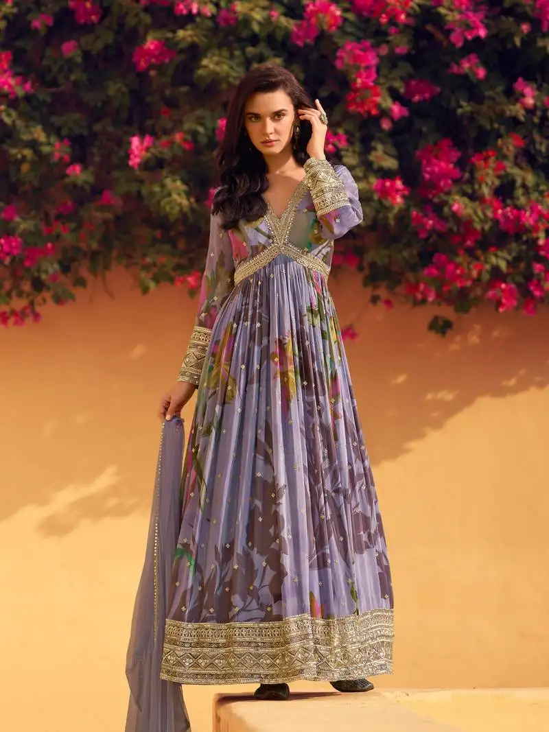 Purple embroidered chinon free size anarkali suit stitched